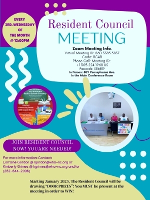 Resident Council Meeting Flyer. All information on this flyer is listed above.