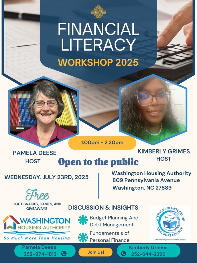 Financial Literacy Workshop 2025 flyer. All information as listed below.
