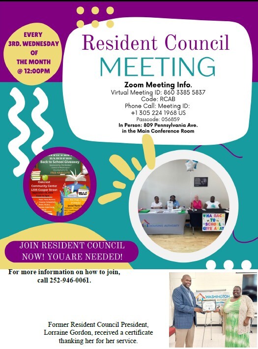 Resident council meeting flyer. All information as listed below.