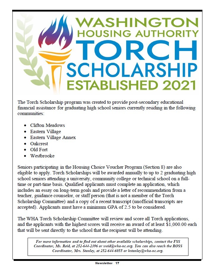 WHA Torch scholarship flyer. All information as listed below.