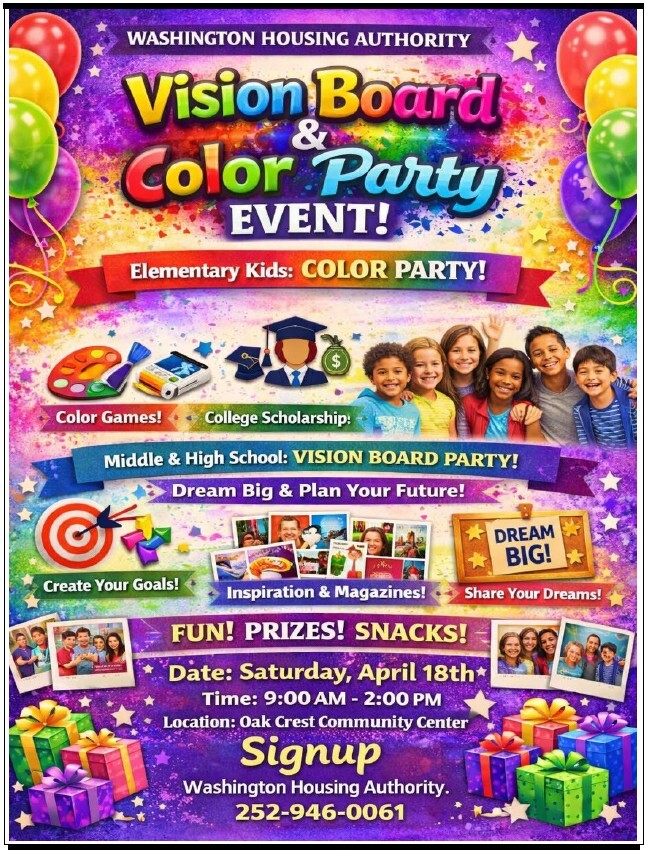 Vision Board and Color Party Event flyer. All information as listed below.