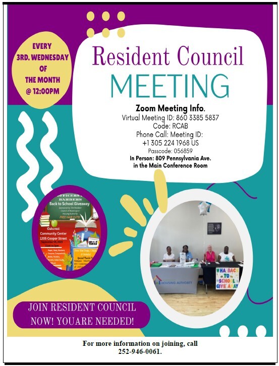 Resident council meeting flyer. All information as listed below.