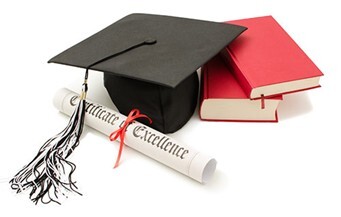 A black graduation cap, two red books, and a Certificate of Excellence