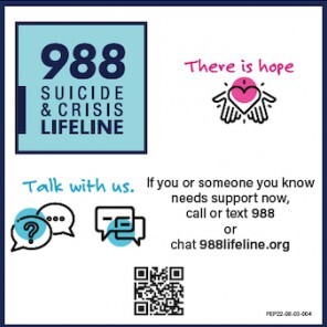 988 Suicide and Crisis Lifeline flyer. All information as listed below.