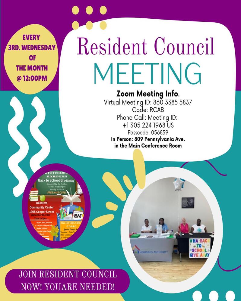 Resident Council Meeting flyer. All information as listed below.