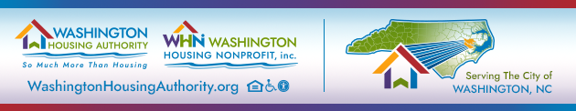Washington Housing Authority: So Much More Than Housing logl. WHN: Washington Housing Nonprofit, inc. logo. WashingtonHousingAuthority.org. Accessibility icons. A state map with the counties outlined. The WHA logo is extending out of the map: Serving the City of Washington, NC. 