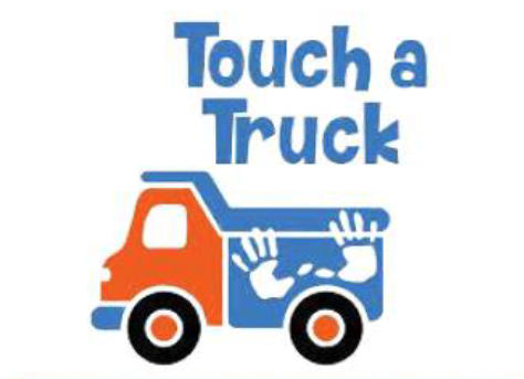 Touch-A-Truck. A drawing of a dump truck with handprints on the dump bed.