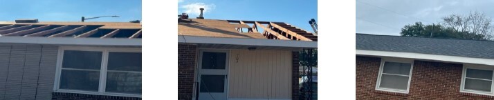 A three photo collage of a roof being repaired on a home.