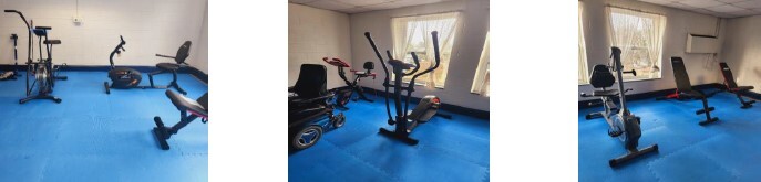 A three photo collage of fitness equipment in a room.