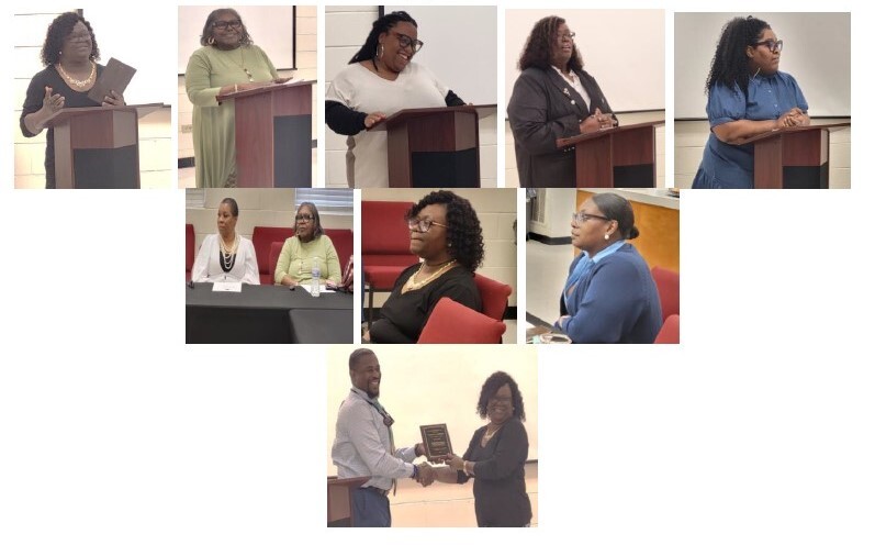 A collage of various speakers talking behind a podium.