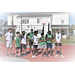 The green jersey and white jersey teams are standing on the basketball court