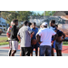 Players huddled together listening to the referee