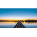 track leading out over the water with a bridge and trees in the background.