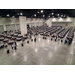  An aerial view of the room full of tables and chairs. 