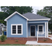  A sidewalk leading up to a blue house. 