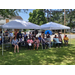  People sitting in chairs under tents. 